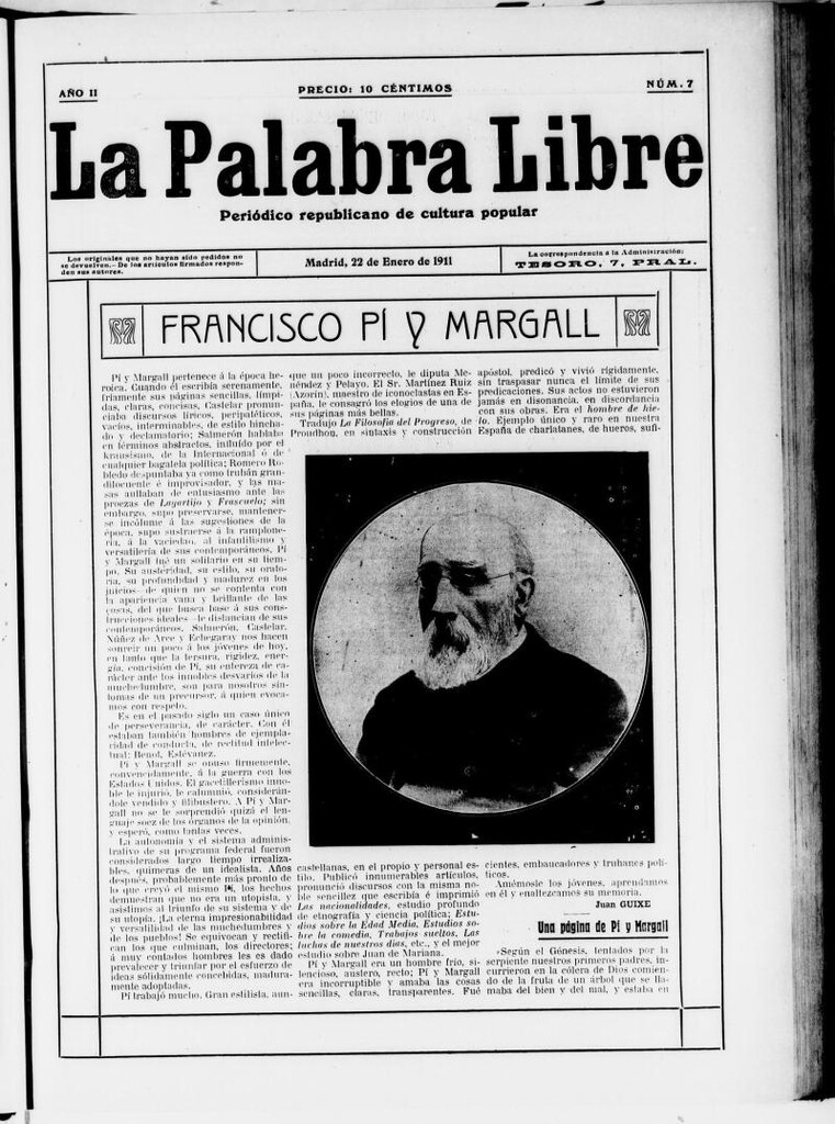 Miniatura de La Palabra Libre : periódico republicano de cultura popular del 22 de enero de 1911, nº 7