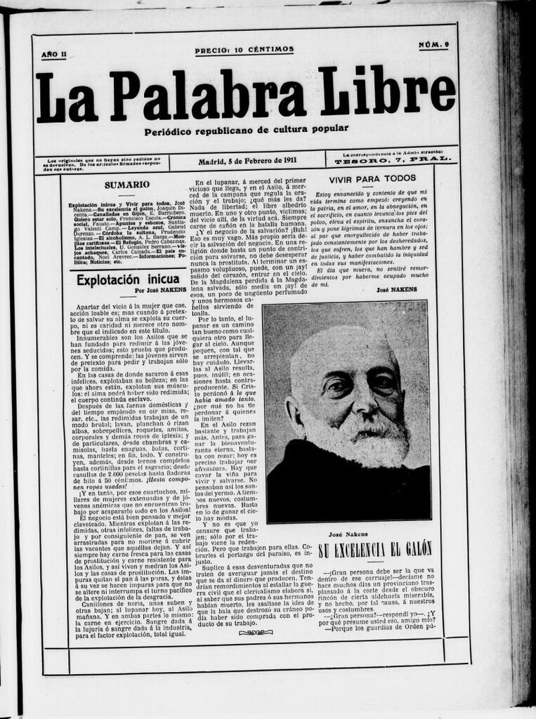Miniatura de La Palabra Libre : periódico republicano de cultura popular del 5 de febrero de 1911, nº 9