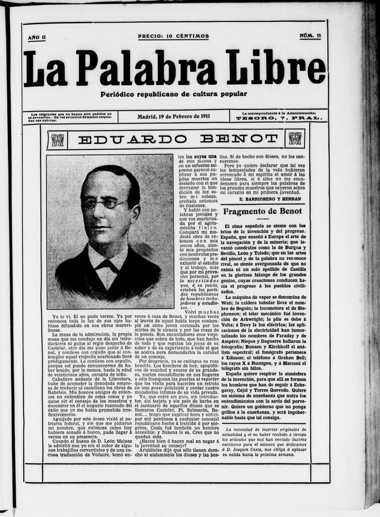 Miniatura de La Palabra Libre : periódico republicano de cultura popular del 19 de febrero de 1911, nº 11