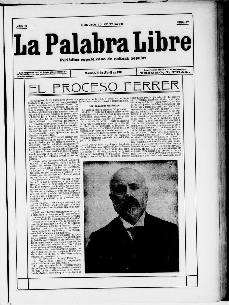 Miniatura de La Palabra Libre : periódico republicano de cultura popular del 2 de abril de 1911, nº 17