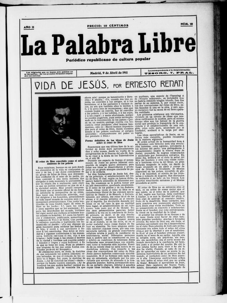 Miniatura de La Palabra Libre : periódico republicano de cultura popular del 9 de abril de 1911, nº 18