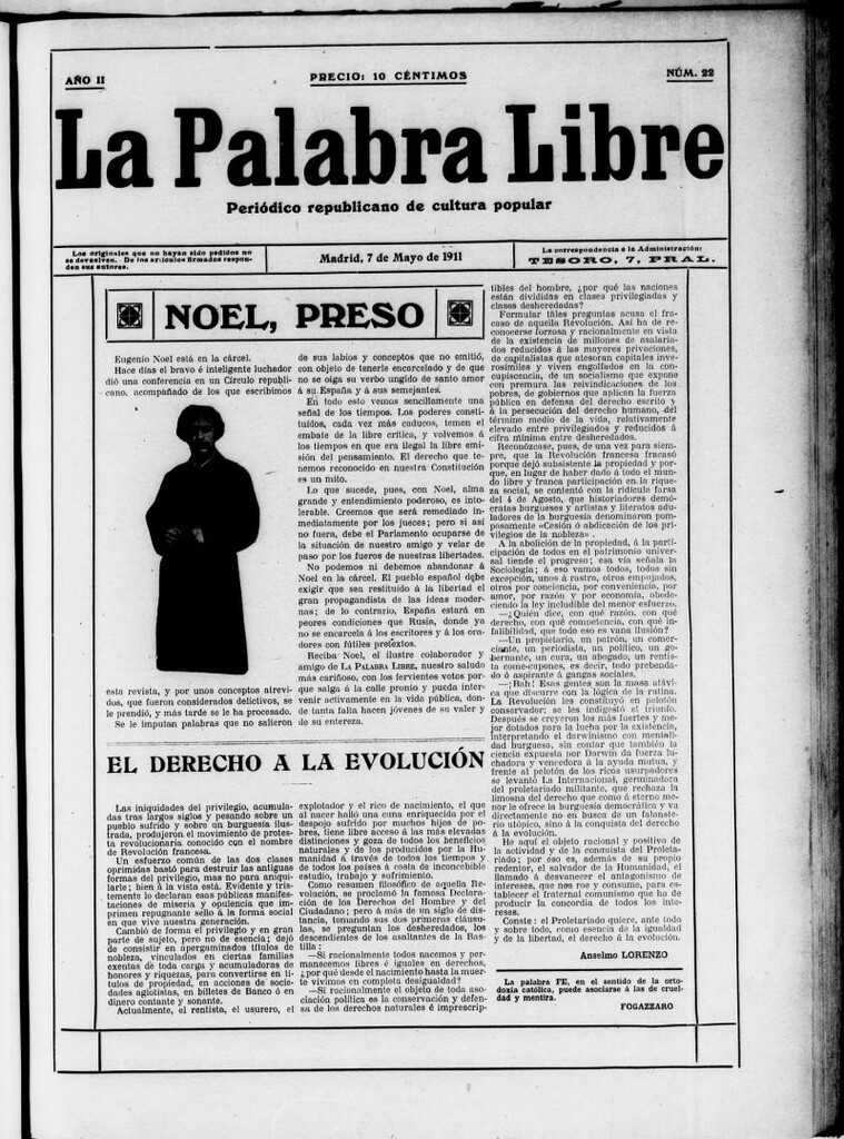 Miniatura de La Palabra Libre : periódico republicano de cultura popular del 7 de mayo de 1911, nº 22