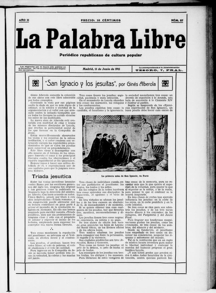 Miniatura de La Palabra Libre : periódico republicano de cultura popular del 11 de junio de 1911, nº 27