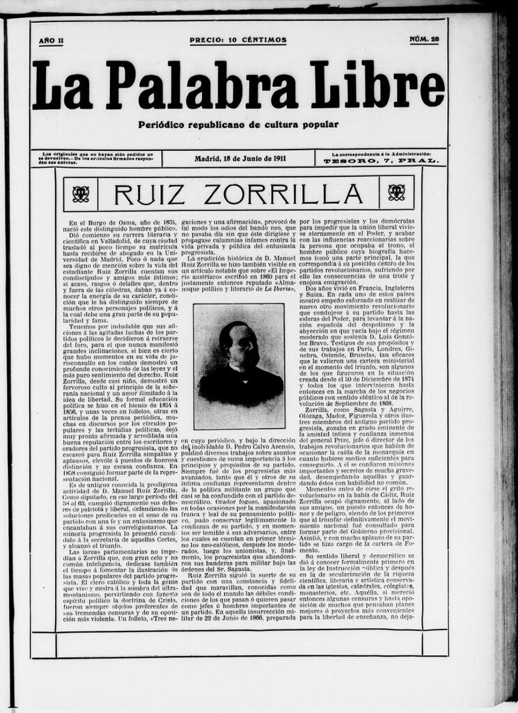 Miniatura de La Palabra Libre : periódico republicano de cultura popular del 18 de junio de 1911, nº 28