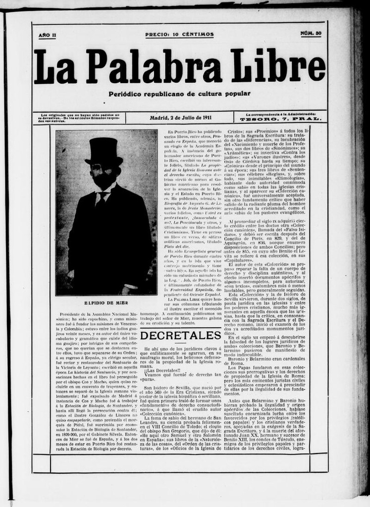 Miniatura de La Palabra Libre : periódico republicano de cultura popular del 2 de julio de 1911, nº 30