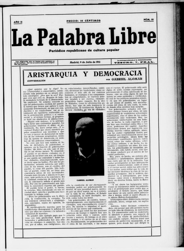 Miniatura de La Palabra Libre : periódico republicano de cultura popular del 9 de julio de 1911, nº 31