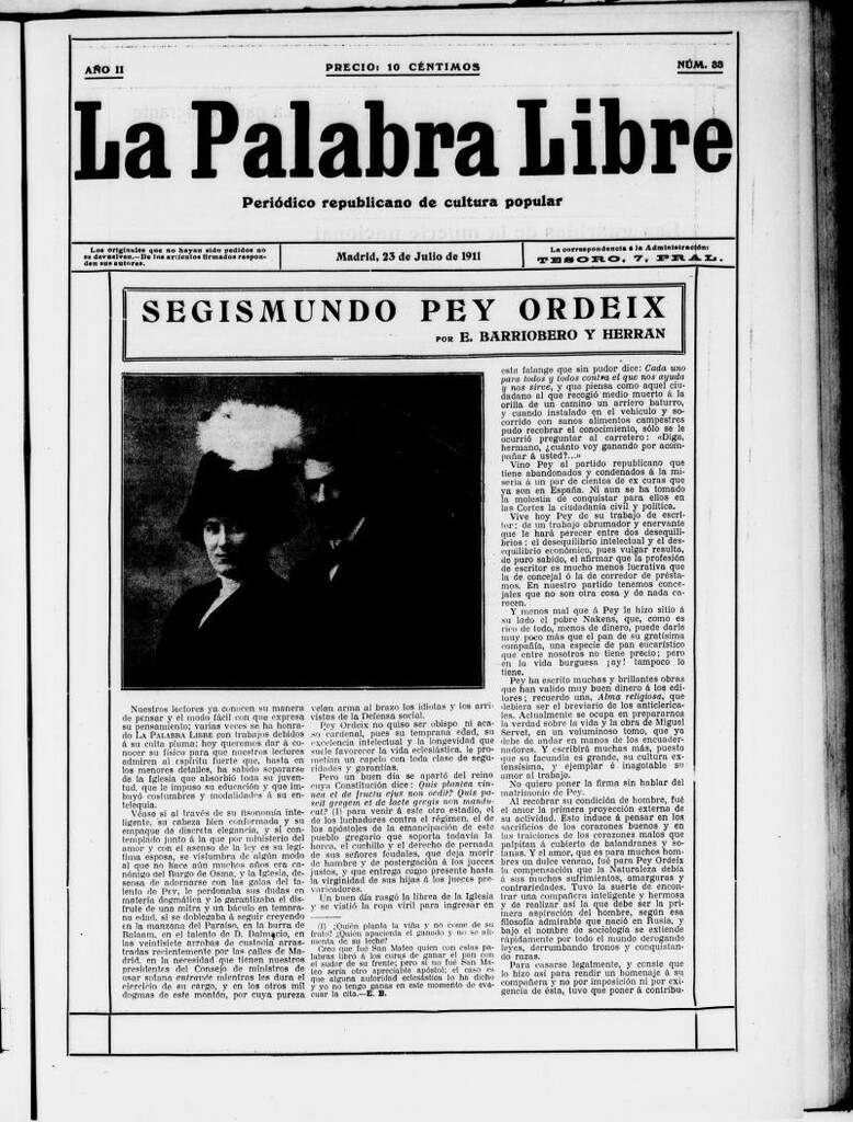Miniatura de La Palabra Libre : periódico republicano de cultura popular del 23 de julio de 1911, nº 33