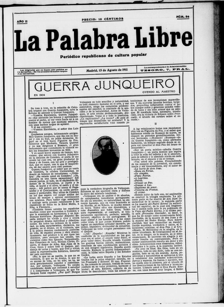 Miniatura de La Palabra Libre : periódico republicano de cultura popular del 13 de agosto de 1911, nº 36