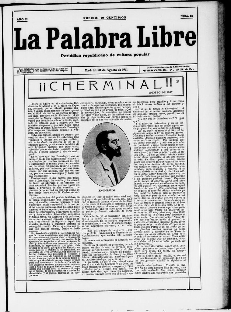 Miniatura de La Palabra Libre : periódico republicano de cultura popular del 20 de agosto de 1911, nº 37