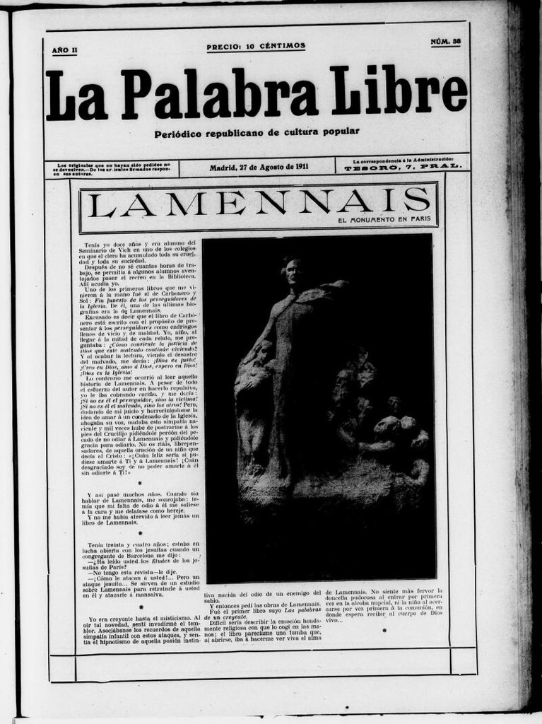 Miniatura de La Palabra Libre : periódico republicano de cultura popular del 27 de agosto de 1911, nº 38