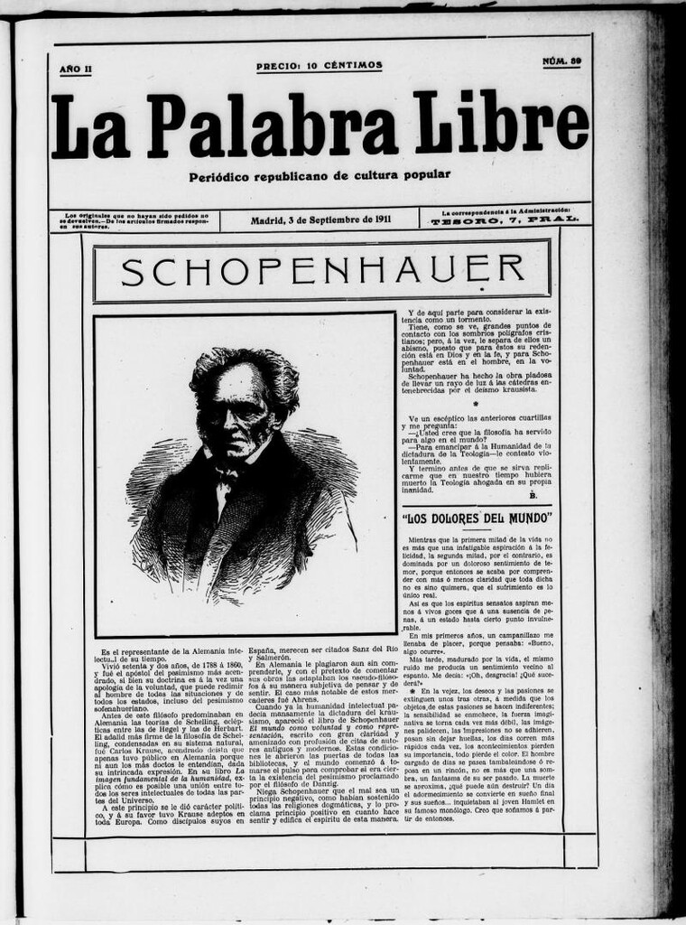 Miniatura de La Palabra Libre : periódico republicano de cultura popular del 3 de septiembre de 1911, nº 39