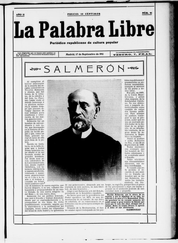 Miniatura de La Palabra Libre : periódico republicano de cultura popular del 17 de septiembre de 1911, nº 41