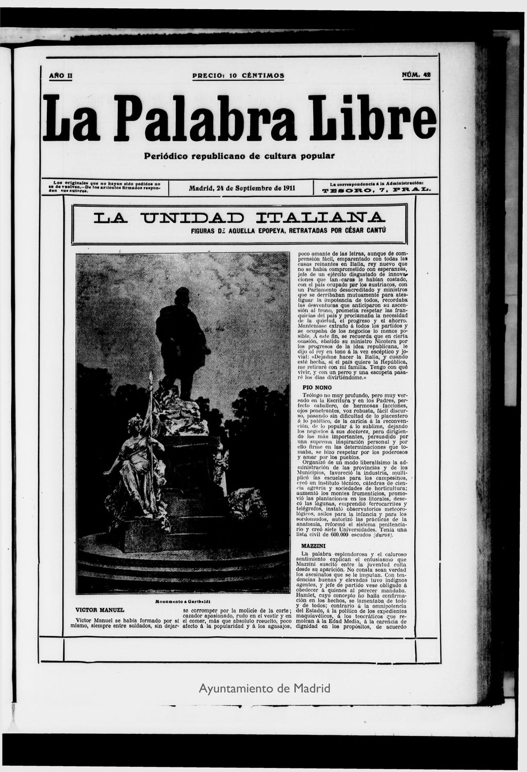 Miniatura de La Palabra Libre : periódico republicano de cultura popular del 24 de septiembre de 1911, nº 42