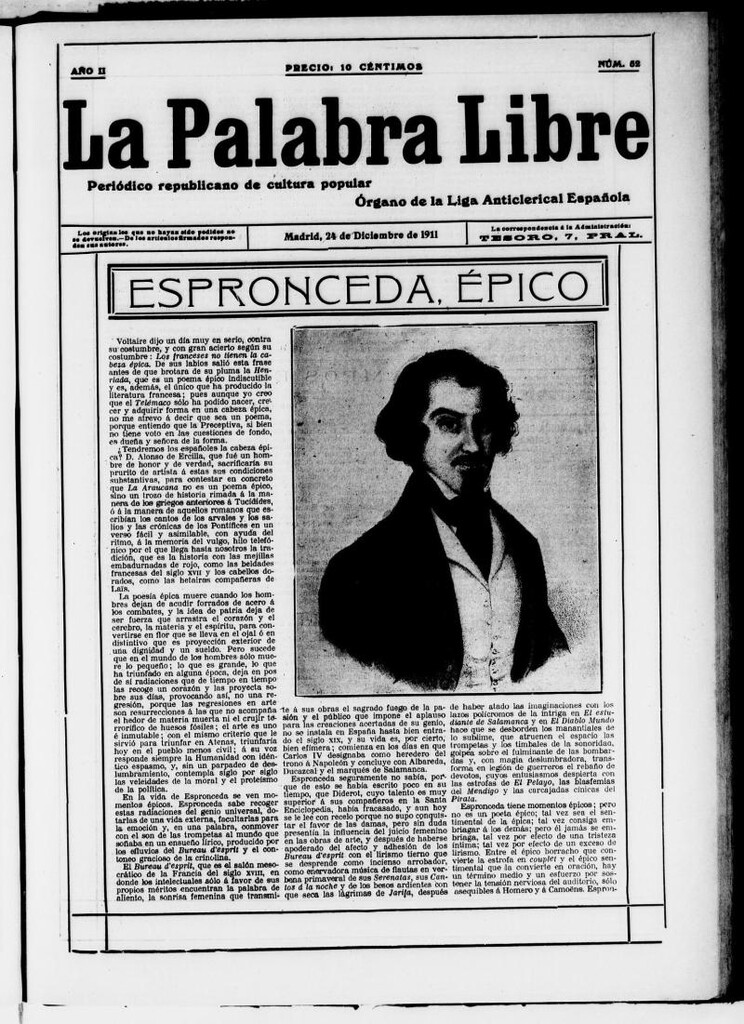 Miniatura de La Palabra Libre : periódico republicano de cultura popular del 24 de diciembre de 1911, nº 52