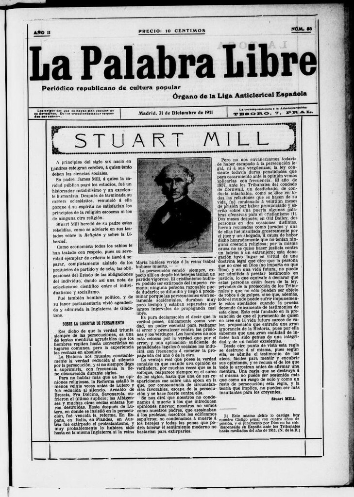 Miniatura de La Palabra Libre : periódico republicano de cultura popular del 31 de diciembre de 1911, nº 53