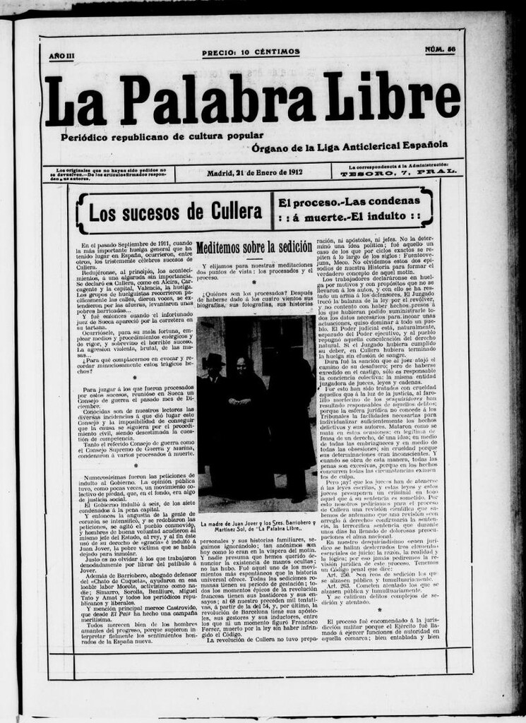 Miniatura de La Palabra Libre : periódico republicano de cultura popular del 21 de enero de 1912, nº 56