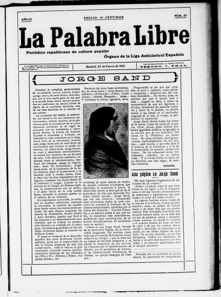 Miniatura de La Palabra Libre : periódico republicano de cultura popular del 28 de enero de 1912, nº 57