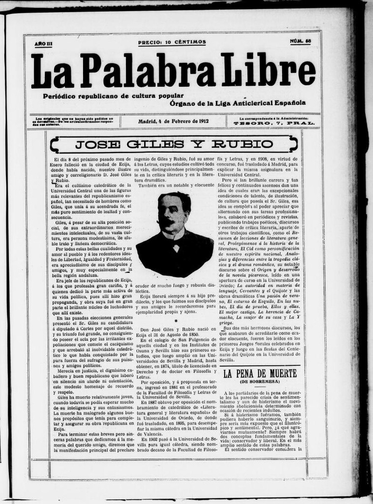 Miniatura de La Palabra Libre : periódico republicano de cultura popular del 4 de febrero de 1912, nº 58