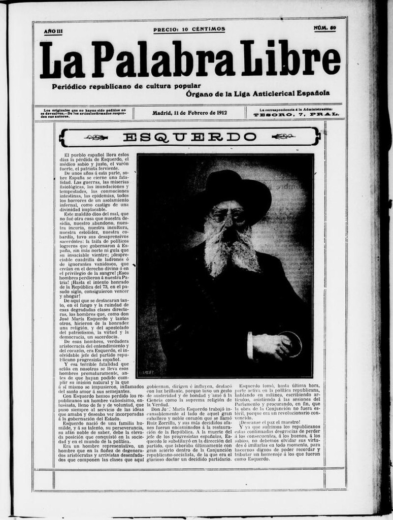 Miniatura de La Palabra Libre : periódico republicano de cultura popular del 11 de febrero de 1912, nº 59