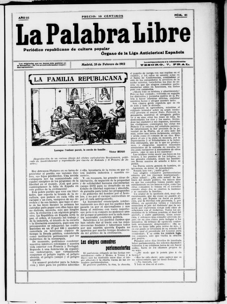 Miniatura de La Palabra Libre : periódico republicano de cultura popular del 25 de febrero de 1912, nº 61