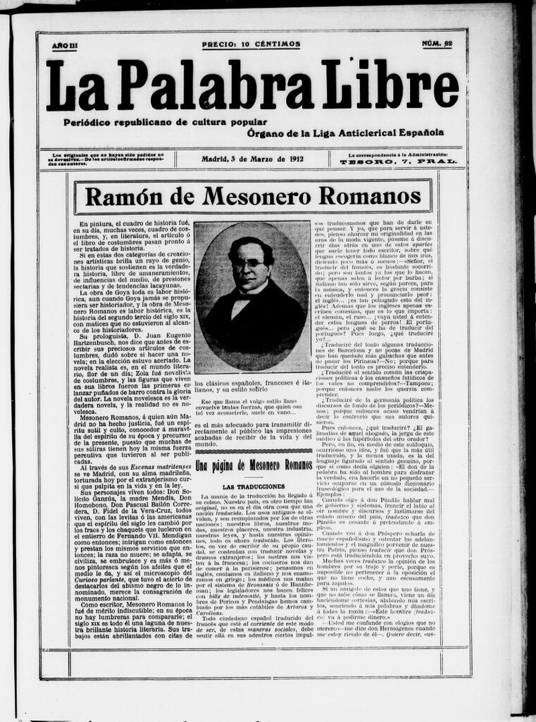 Miniatura de La Palabra Libre : periódico republicano de cultura popular del 3 de marzo de 1912, n 62