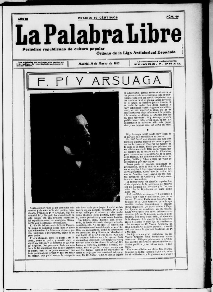Miniatura de La Palabra Libre : periódico republicano de cultura popular del 31 de marzo de 1912, nº 66