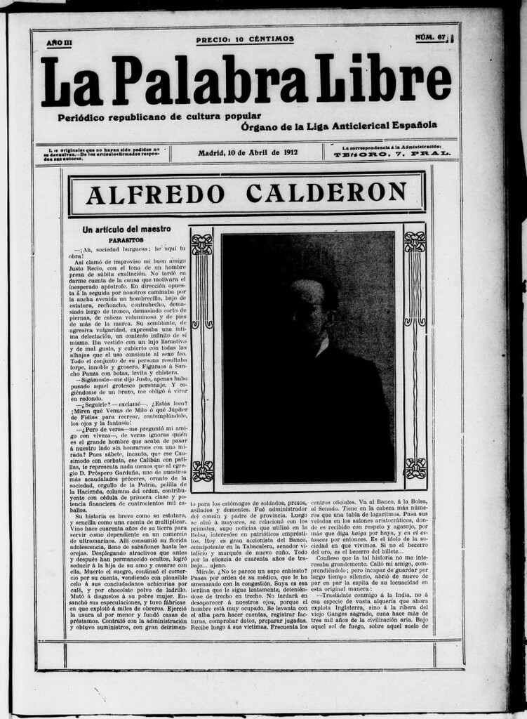 Miniatura de La Palabra Libre : periódico republicano de cultura popular del 10 de abril de 1912, nº 67