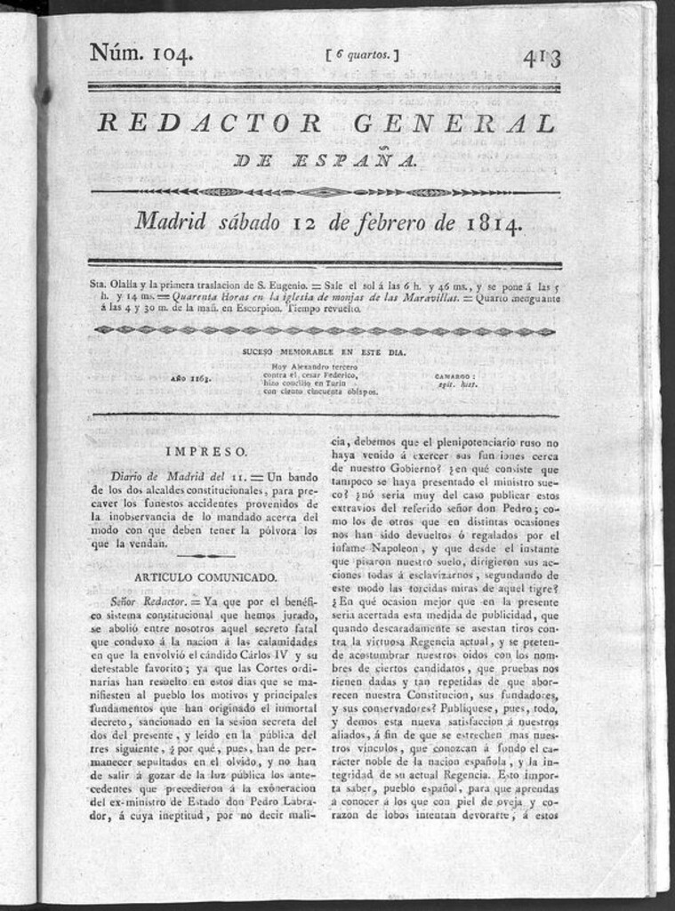 Miniatura de Redactor General de España del sábado 12 de febrero de 1814