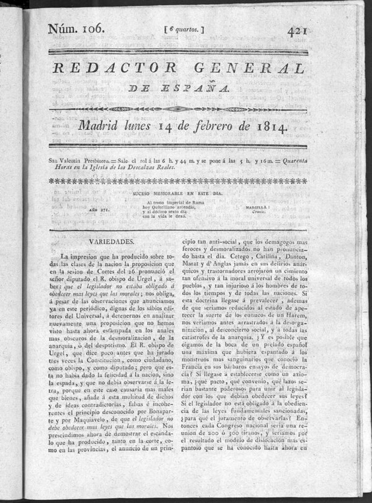 Miniatura de Redactor General de España del lunes 14 de febrero de 1814
