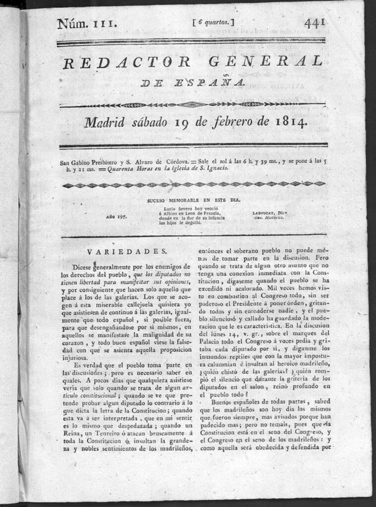 Miniatura de Redactor General de España del sábado 19 de febrero de 1814