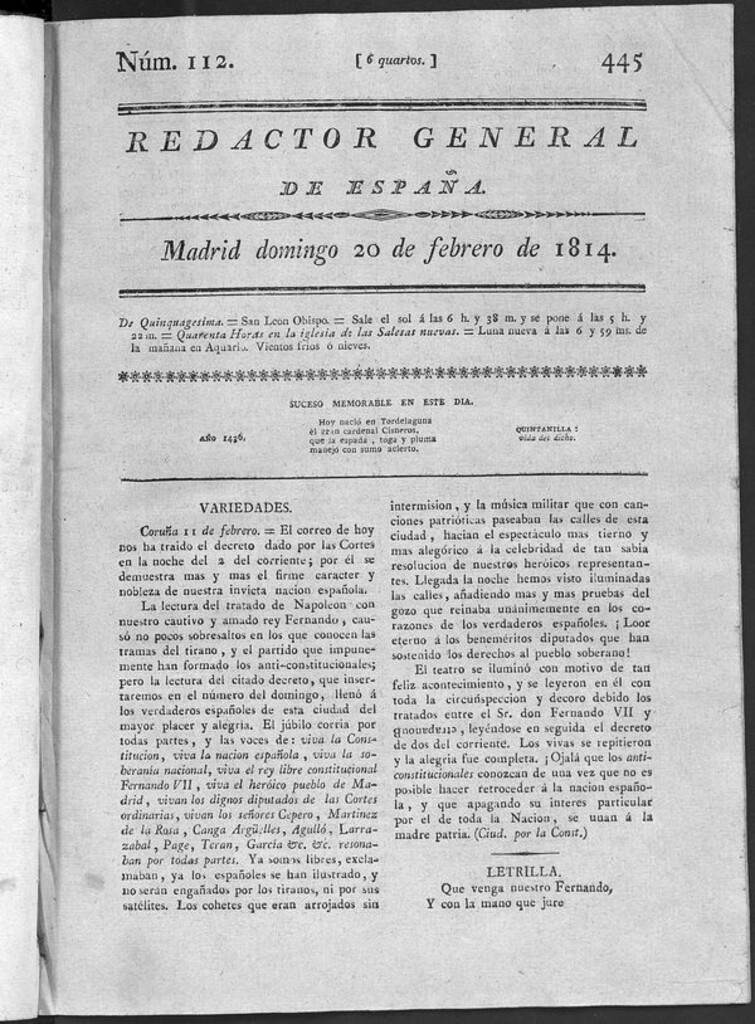 Miniatura de Redactor General de España del domingo 20 de febrero de 1814