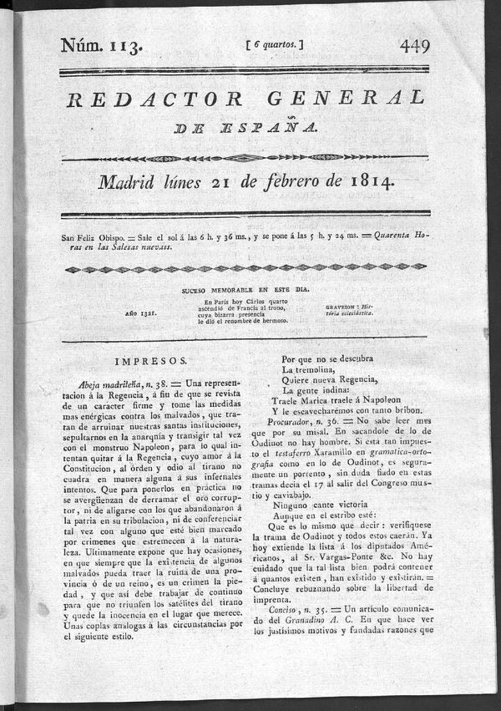 Miniatura de Redactor General de España del lunes 21 de febrero de 1814