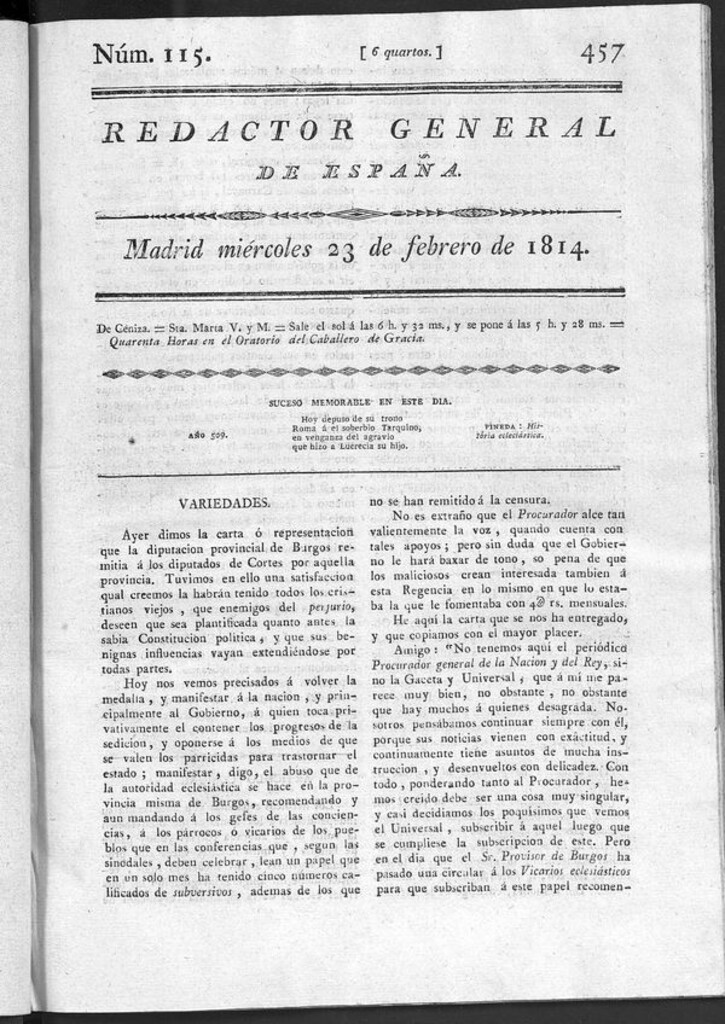 Miniatura de Redactor General de España del miércoles 23 de febrero de 1814