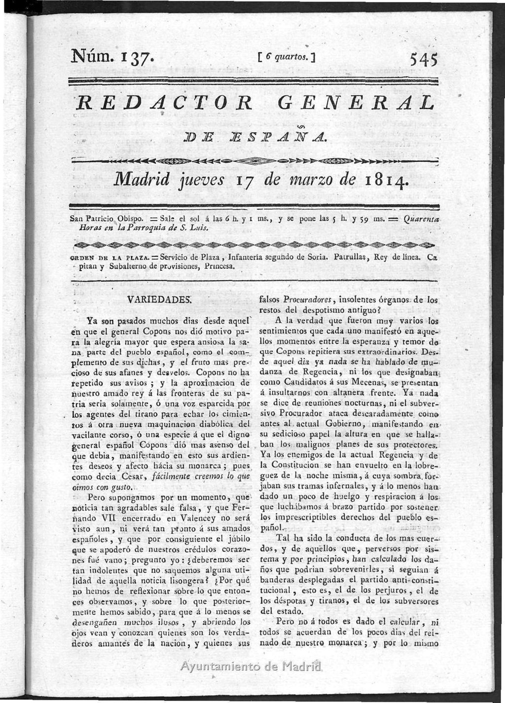 Miniatura de Redactor General de España del jueves 17 de marzo de 1814