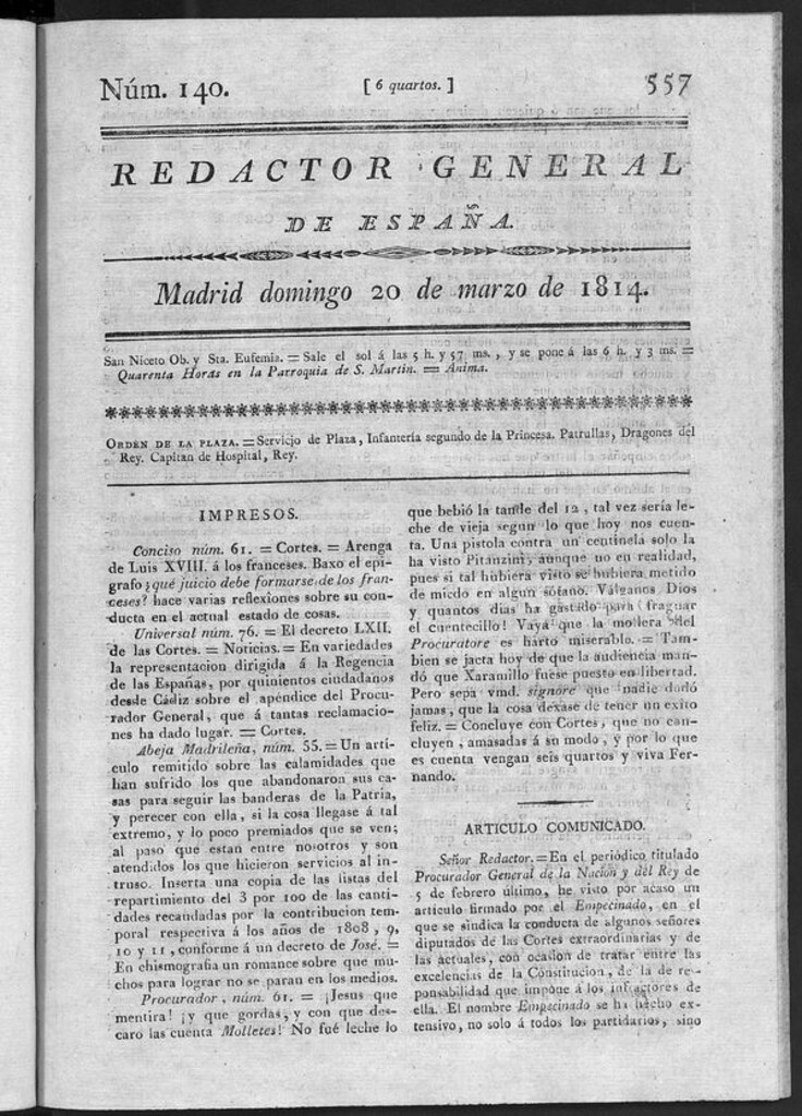 Miniatura de Redactor General de España del domingo 20 de marzo de 1814