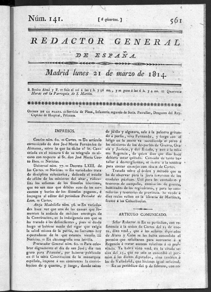 Miniatura de Redactor General de España del lunes 21 de marzo de 1814