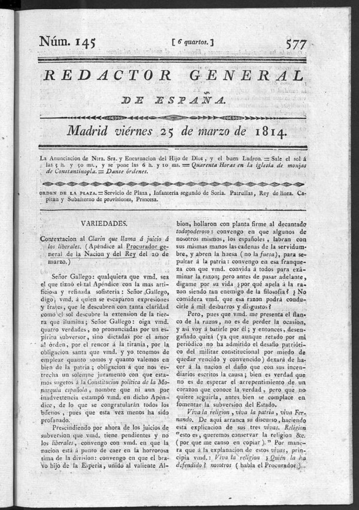 Miniatura de Redactor General de España del viernes 25 de marzo de 1814