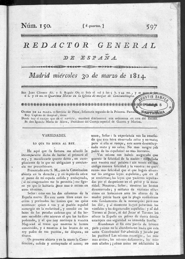 Miniatura de Redactor General de España del miércoles 30 de marzo de 1814