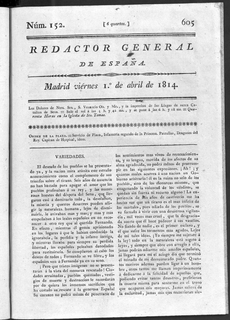 Miniatura de Redactor General de España del viernes 1 de abril de 1814