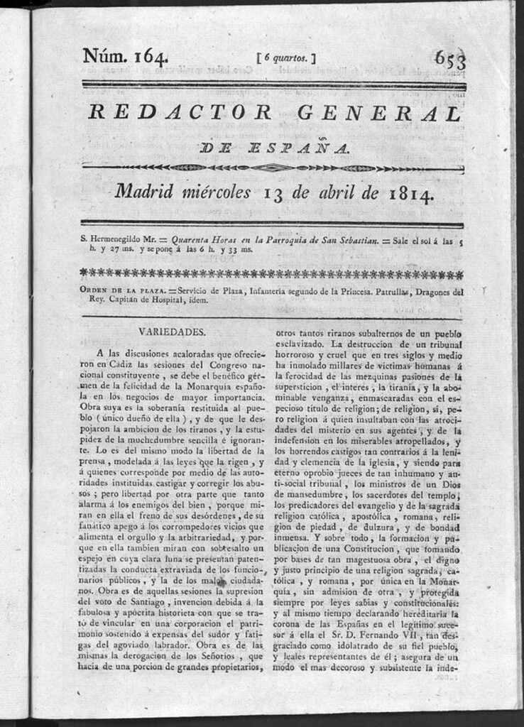 Miniatura de Redactor General de España del miércoles 13 de abril de 1814