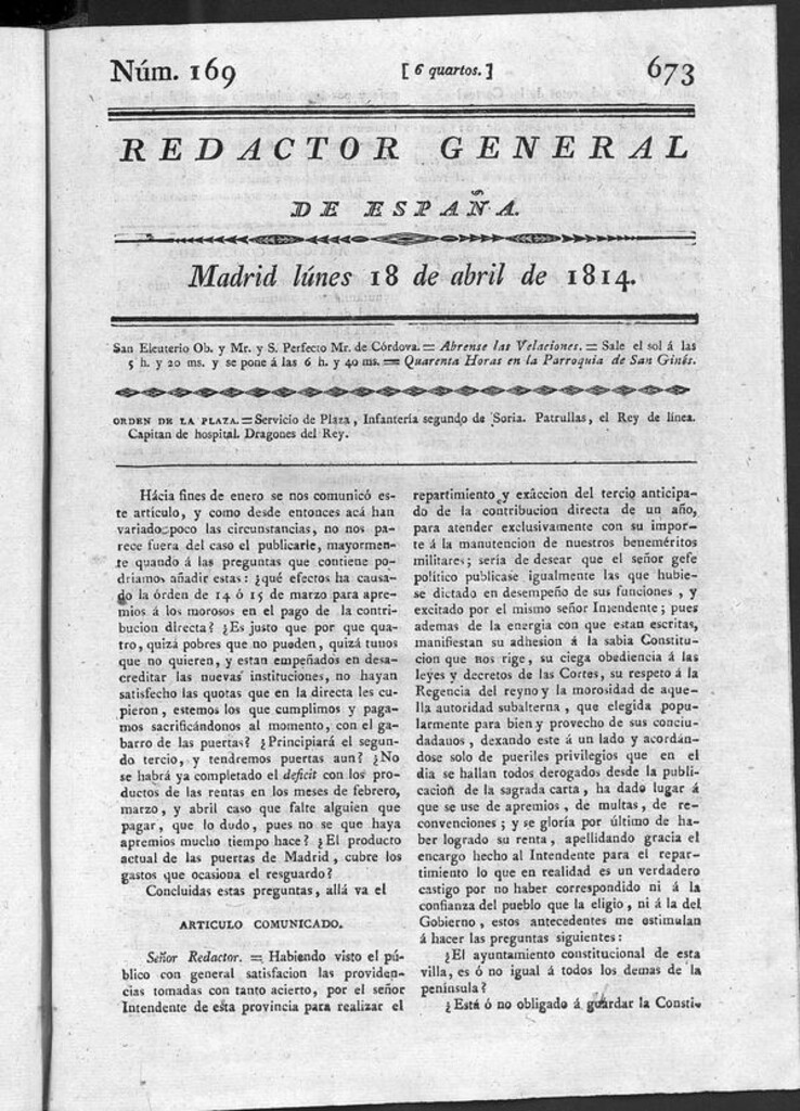 Miniatura de Redactor General de España del lunes 18 de abril de 1814