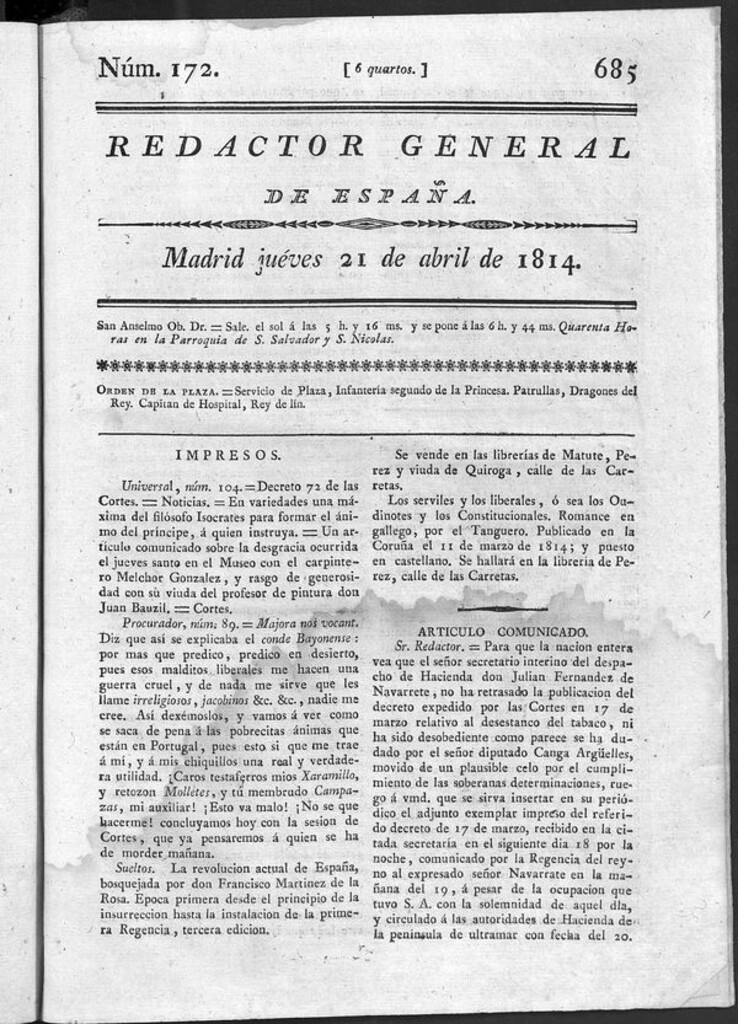 Miniatura de Redactor General de España del jueves 21 de abril de 1814