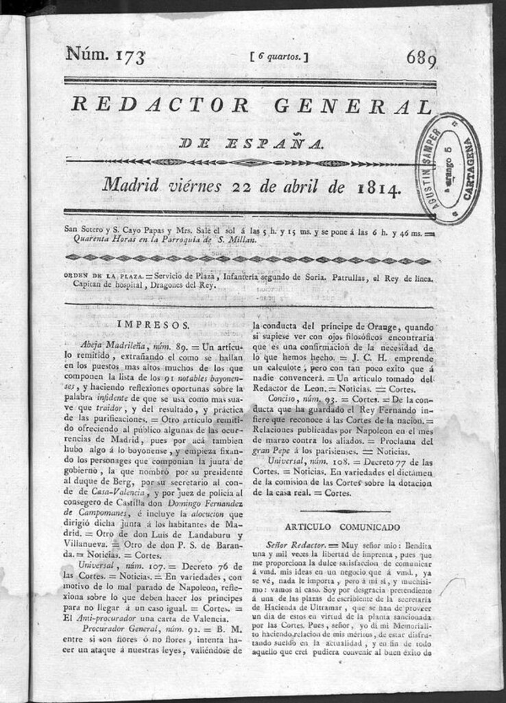 Miniatura de Redactor General de España del viernes 22 de abril de 1814