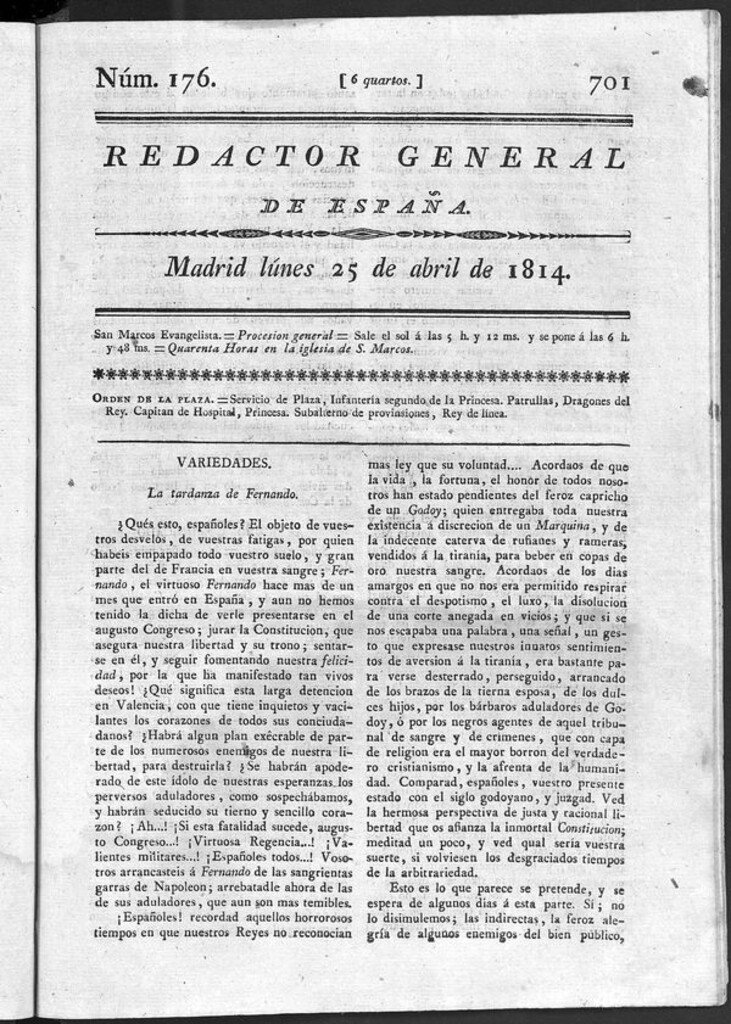Miniatura de Redactor General de España del lunes 25 de abril de 1814