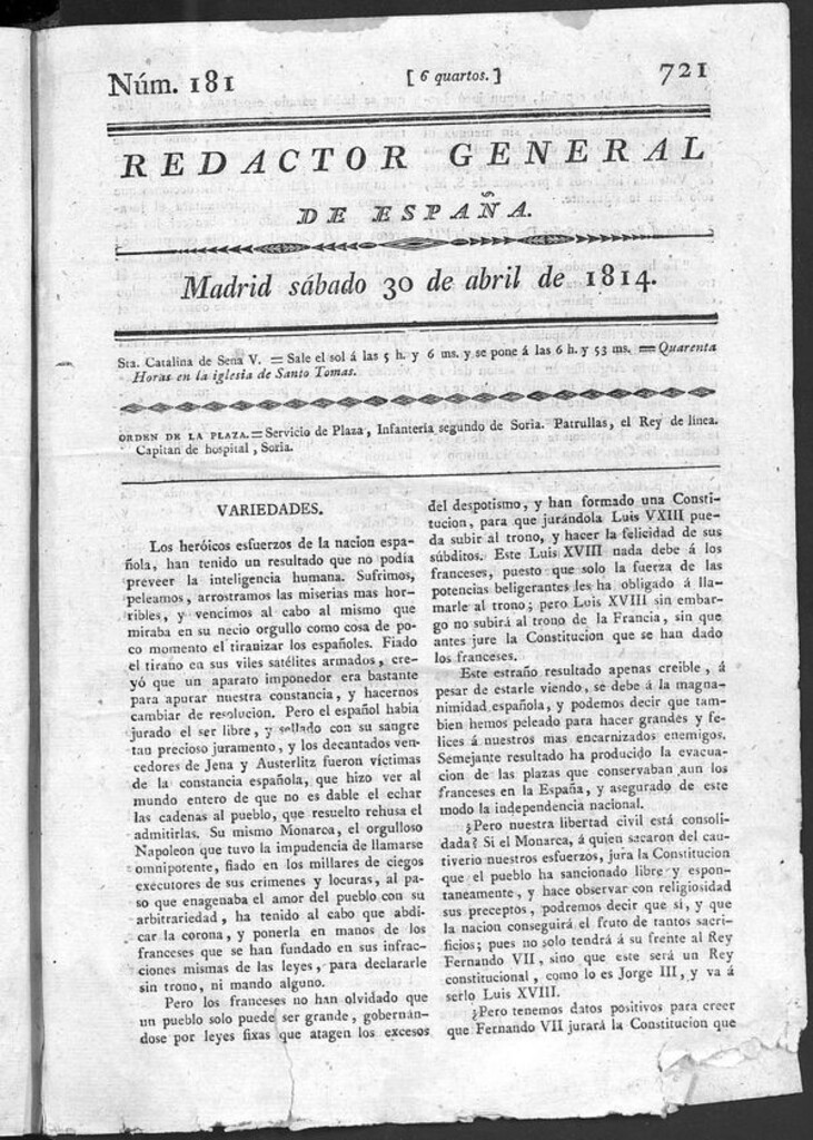 Miniatura de Redactor General de España del sábado 30 de abril de 1814