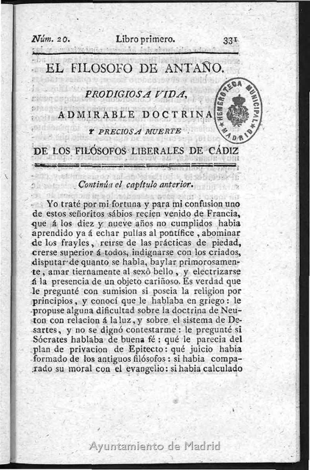 Miniatura de Prodigiosa vida, admirable doctrina, preciosa muerte de los venerables hermanos los filósofos liberales de Cádiz... / por D.F.A. y B. Número 20