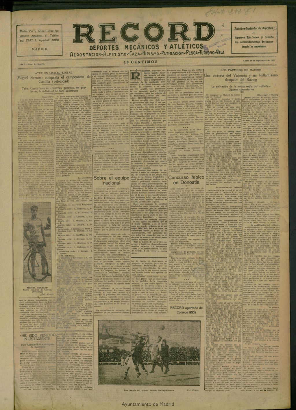 Miniatura de Record: deportes mecánicos y atléticos: aerostación, alpinismo, caza, hipismo, patinación, pesca, turismo, vela del 14 de septiembre de 1925, nº 1