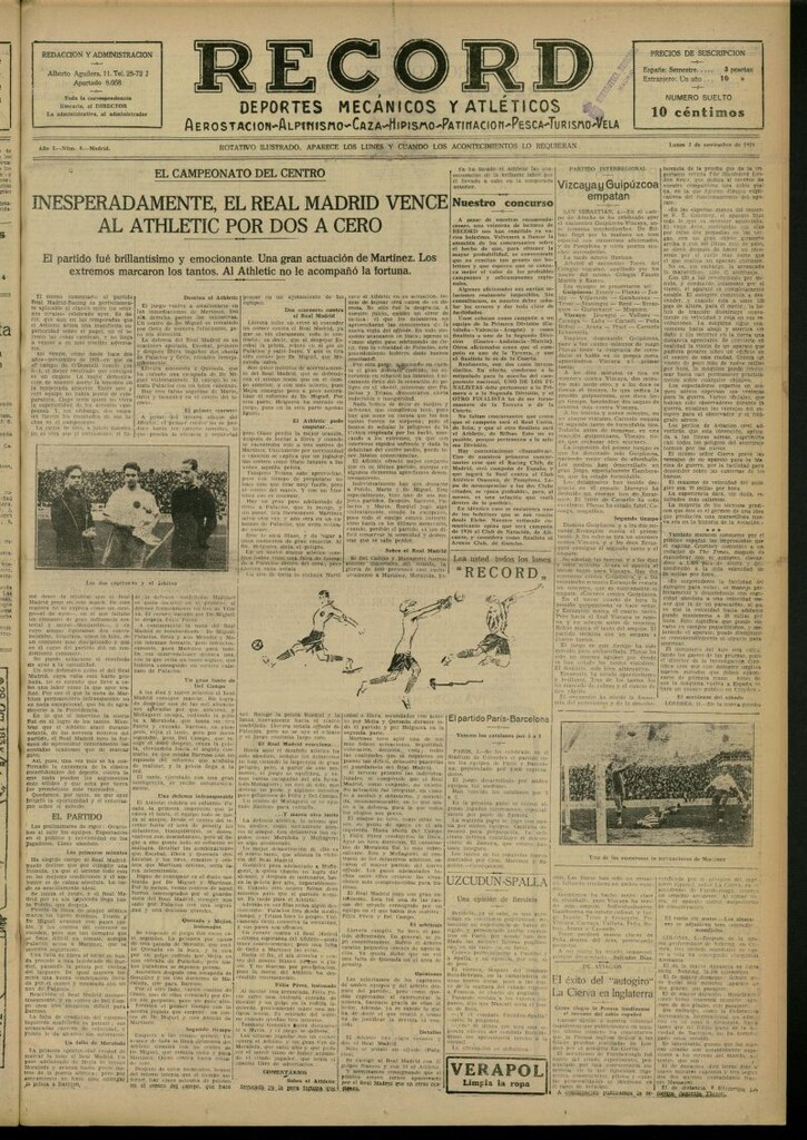 Miniatura de Record: deportes mecánicos y atléticos: aerostación, alpinismo, caza, hipismo, patinación, pesca, turismo, vela del 2 de noviembre de 1925, nº 8