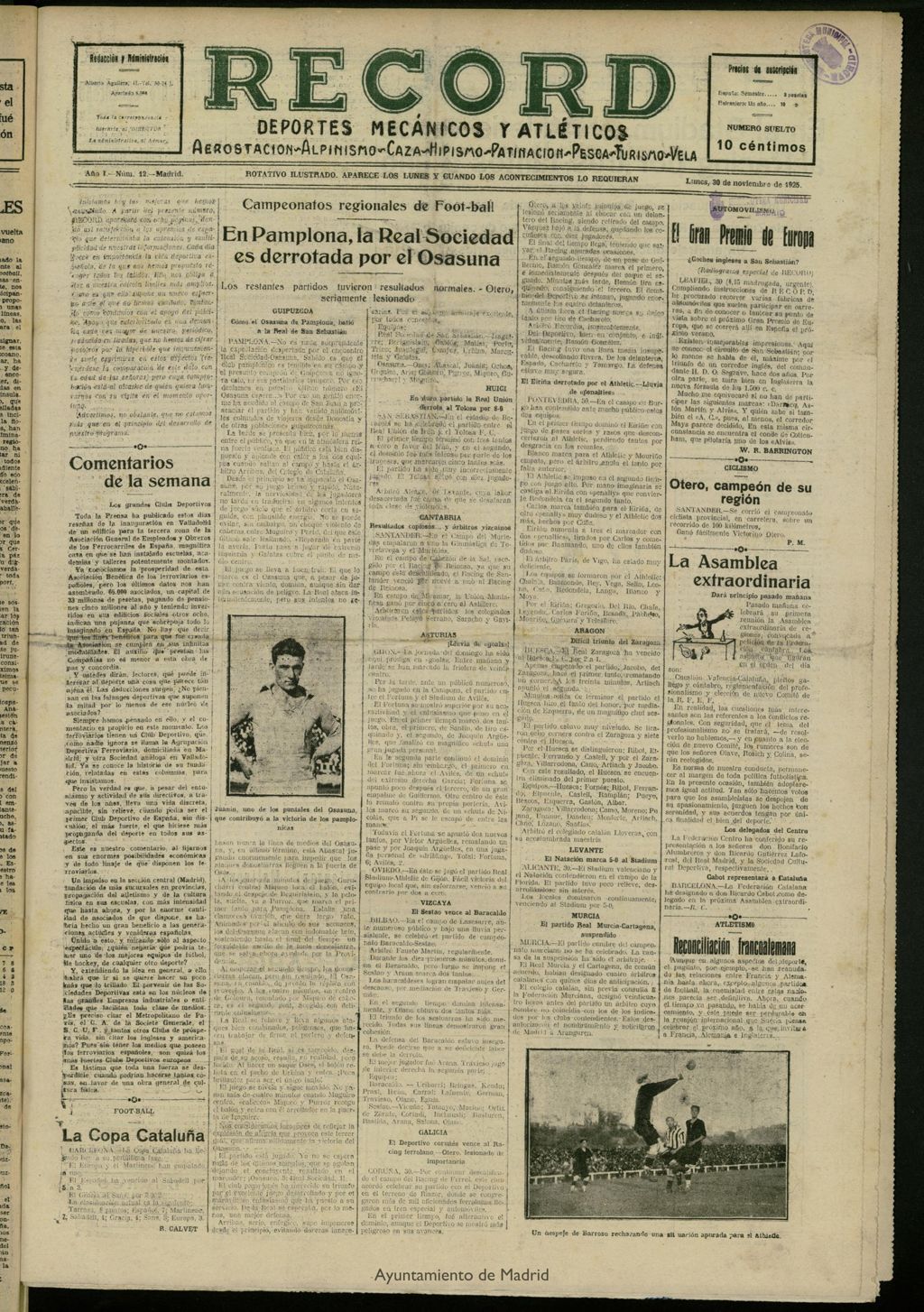 Miniatura de Record: deportes mecánicos y atléticos: aerostación, alpinismo, caza, hipismo, patinación, pesca, turismo, vela del 30 de noviembre de 1925, nº 12