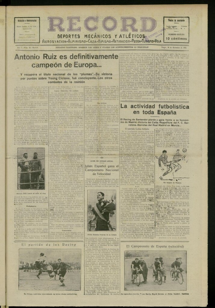 Miniatura de Record: deportes mecánicos y atléticos: aerostación, alpinismo, caza, hipismo, patinación, pesca, turismo, vela del 28 de diciembre de 1925, nº 16